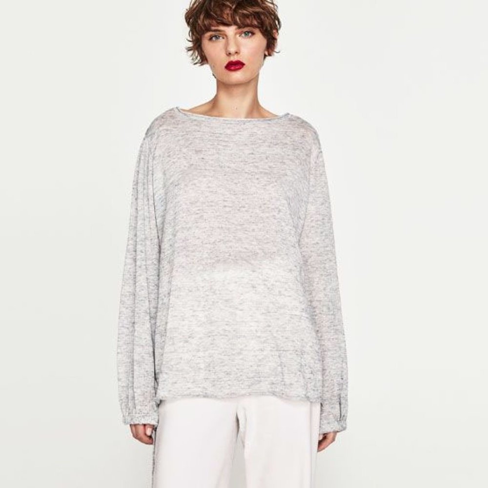 Zara Heather Gray Long Bow Tie Strap Cuff Balloon Sleeves Light Weight Sweater S - Picture 11 of 11
